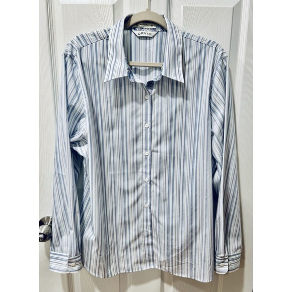 Orvis Tops - Orvis Carefree Cotton Blend Womens Blue Striped Contrast Collar Cuff Shirt Sz 20